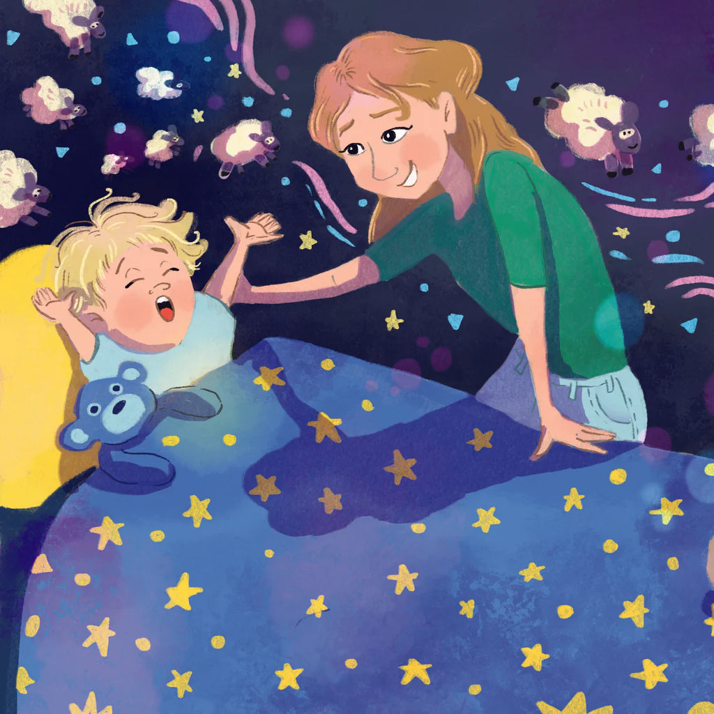an illustration of a mother and her son sleeping in bed.