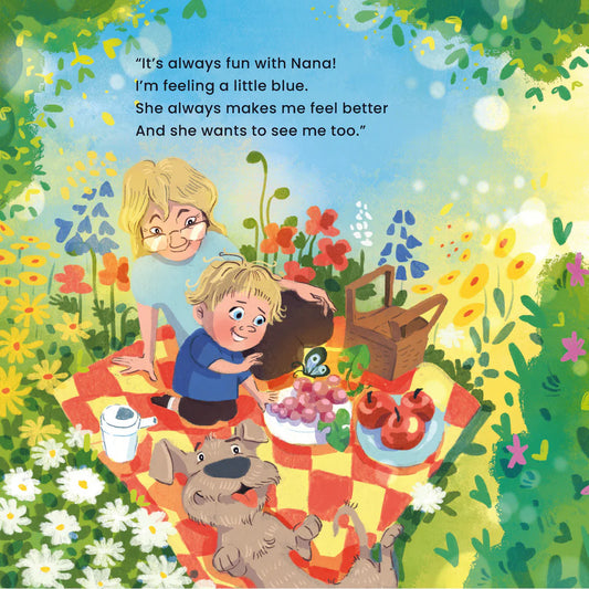 a children ' s book illustration of two children having a picnic.